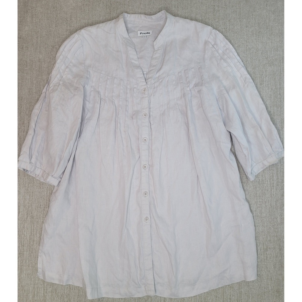 Freda Tunic Blouse Womens T5 Gray 100% Linen Pintuck Pleated Button Front Top